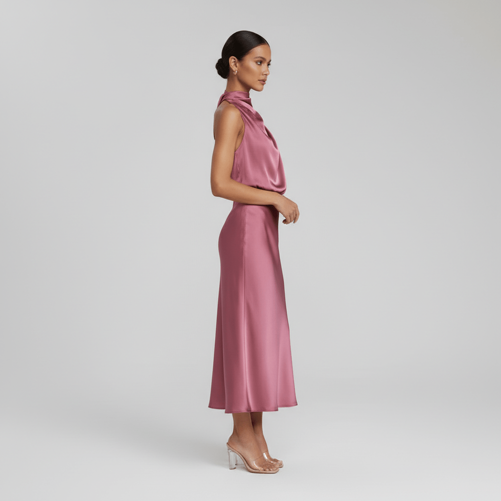 Natasha Halter Neck Satin Midi Dress for Women with Draped Neckline