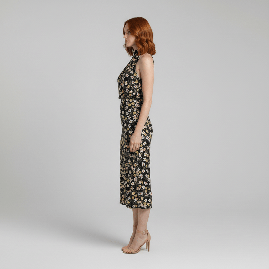 Natasha Halter Neck Satin Midi Dress for Women with Draped Neckline