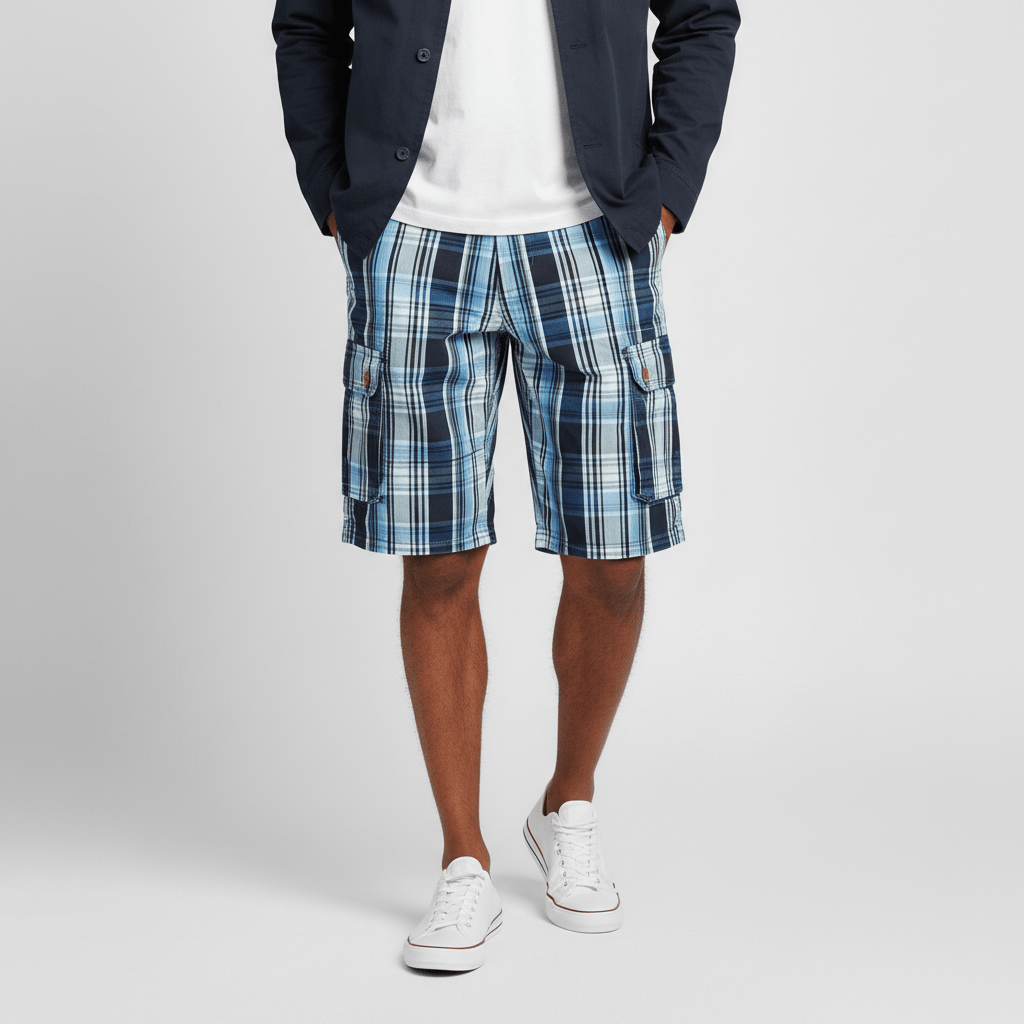 Neville Check Cargo Shorts with Side Slip Pockets and Button Waist