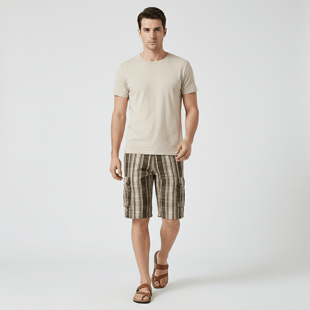 Neville Check Cargo Shorts with Side Slip Pockets and Button Waist