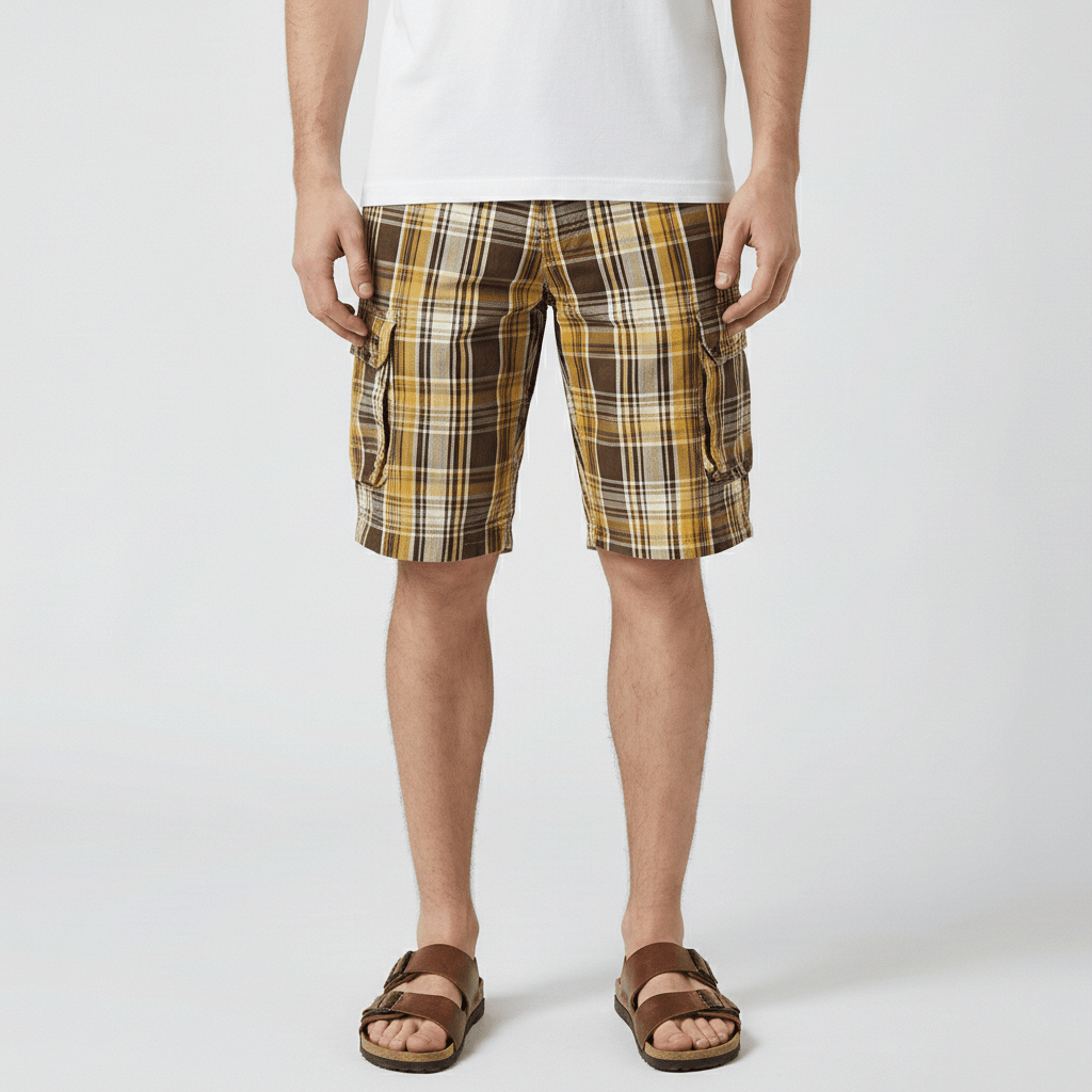 Neville Check Cargo Shorts with Side Slip Pockets and Button Waist