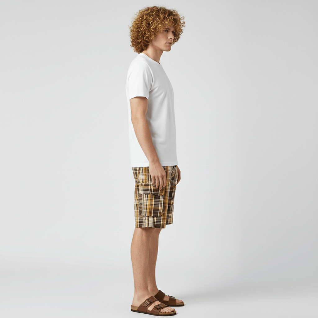 Neville Check Cargo Shorts with Side Slip Pockets and Button Waist