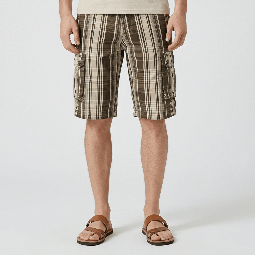 Neville Check Cargo Shorts with Side Slip Pockets and Button Waist