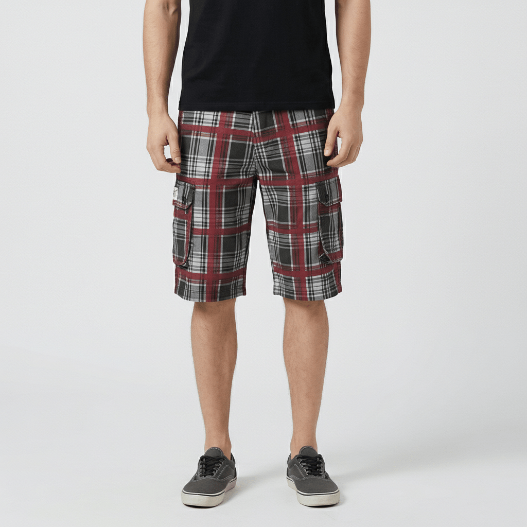 Neville Check Cargo Shorts with Side Slip Pockets and Button Waist