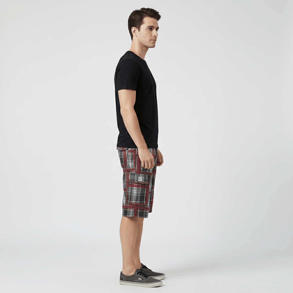Neville Check Cargo Shorts with Side Slip Pockets and Button Waist