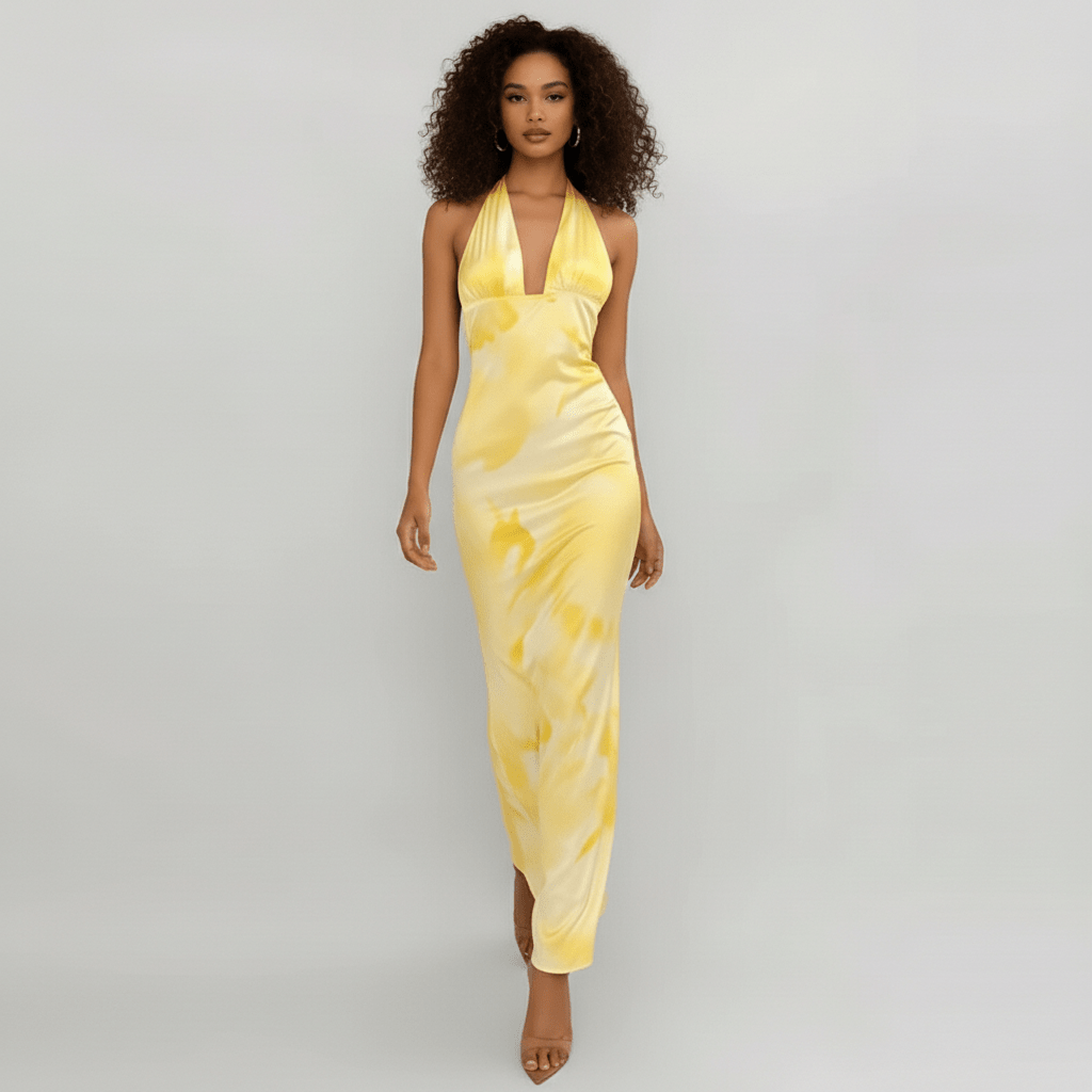 Nola Yellow Maxi Summer Dress with Plunge Neck and Open Back