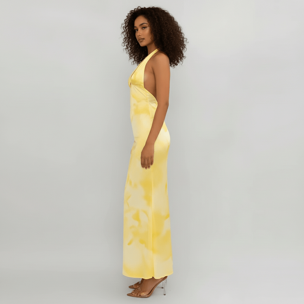 Nola Yellow Maxi Summer Dress with Plunge Neck and Open Back