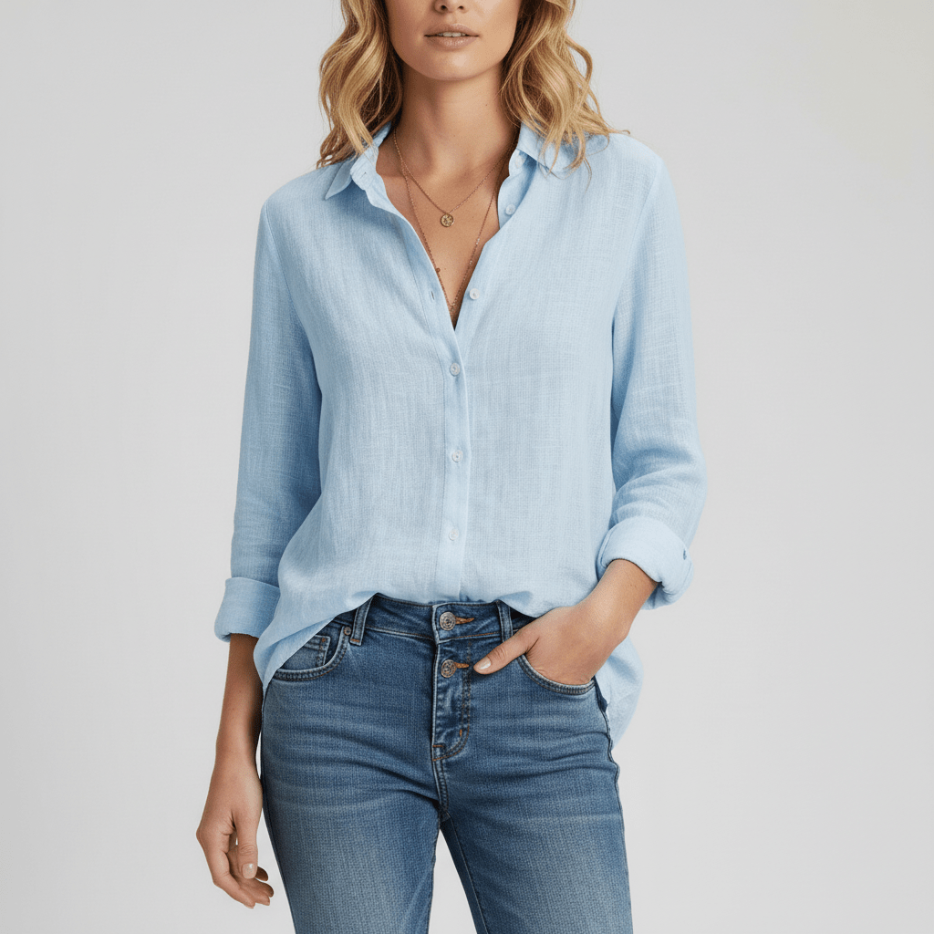 Olive Button-Up Long Sleeve Blouse with V-Neckline