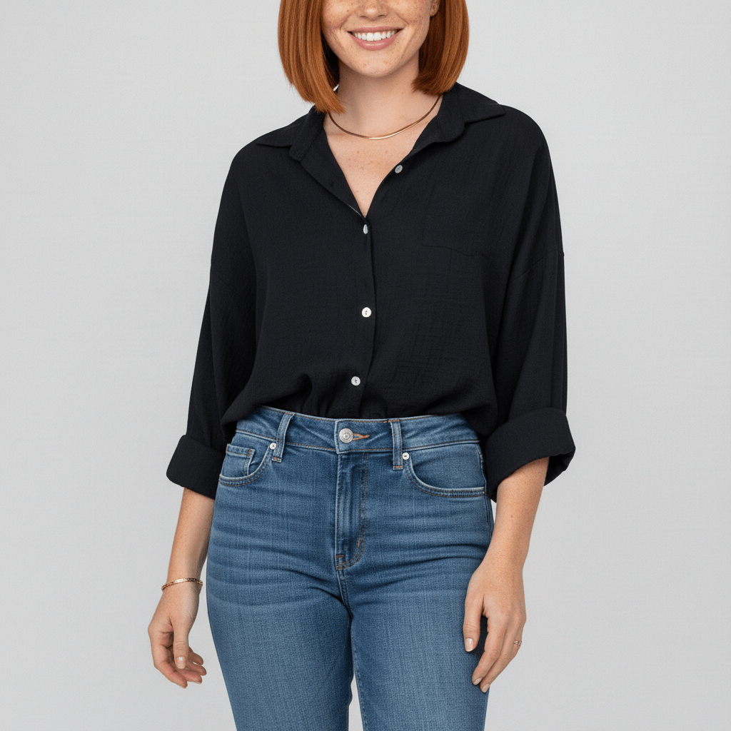 Olive Button-Up Long Sleeve Blouse with V-Neckline