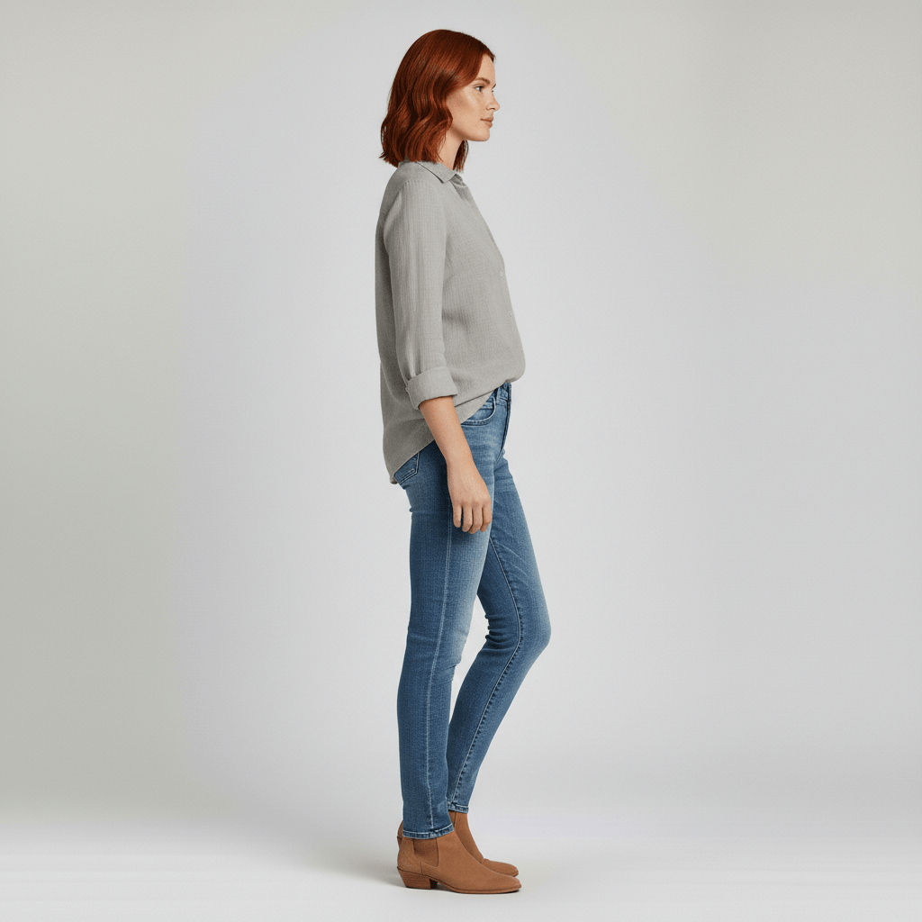 Olive Button-Up Long Sleeve Blouse with V-Neckline