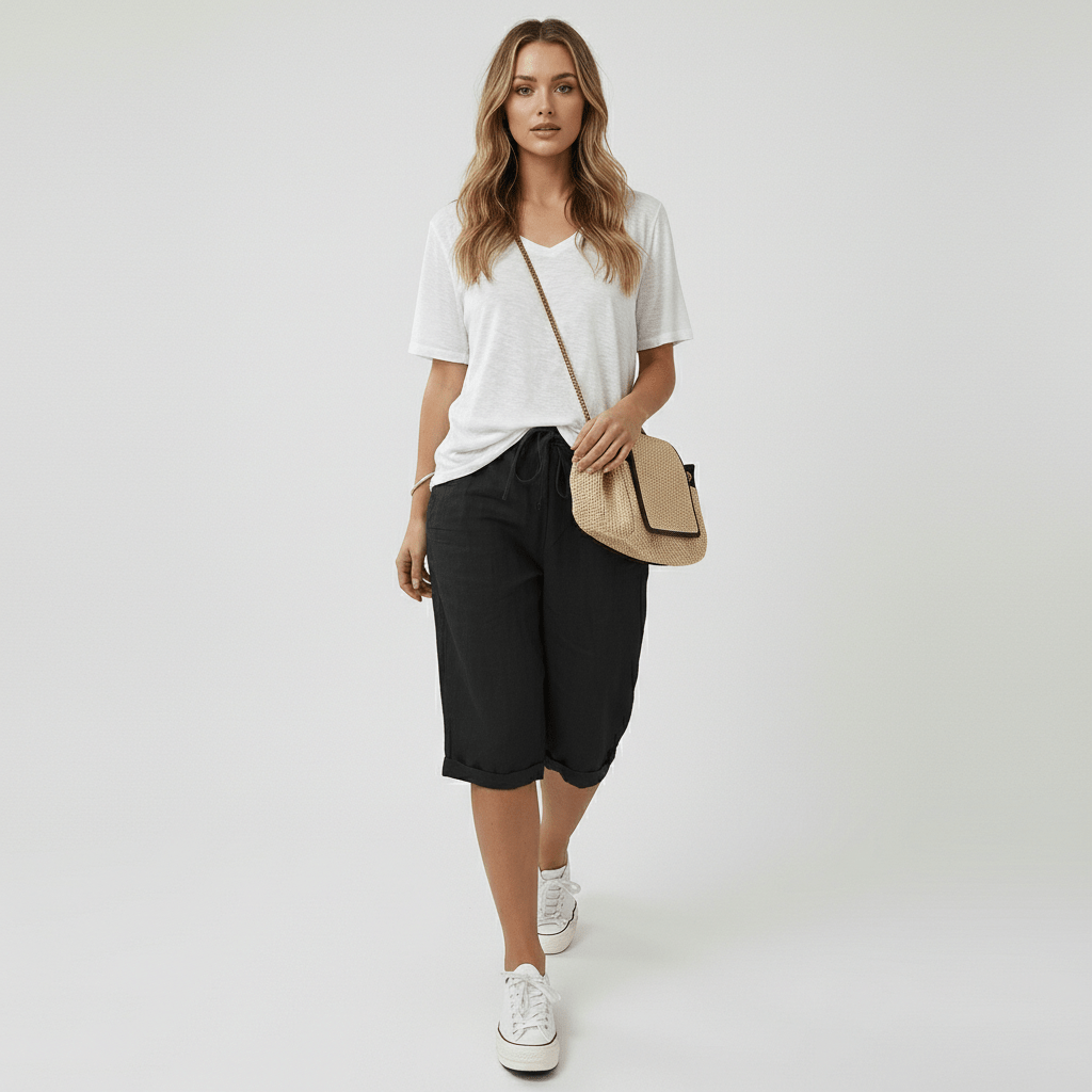 Olympia Drawstring Waist Shorts Rolled Hem Relaxed Fit
