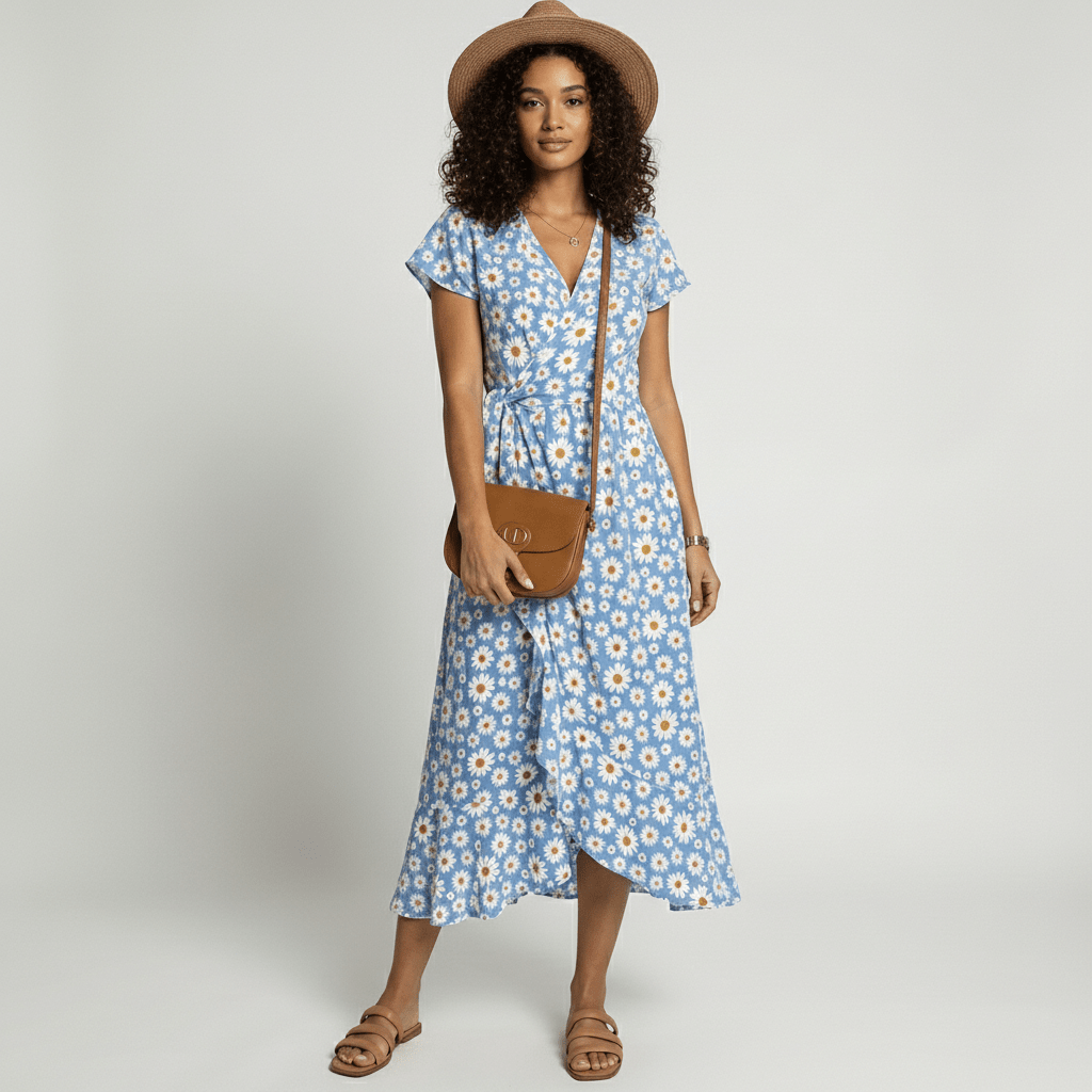 Patsy Floral Wrap Midi Dress with V-Neck and Short Sleeves