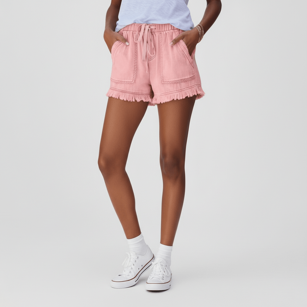 Penelope High Waist Denim Shorts Drawstring Waist Frill Hem