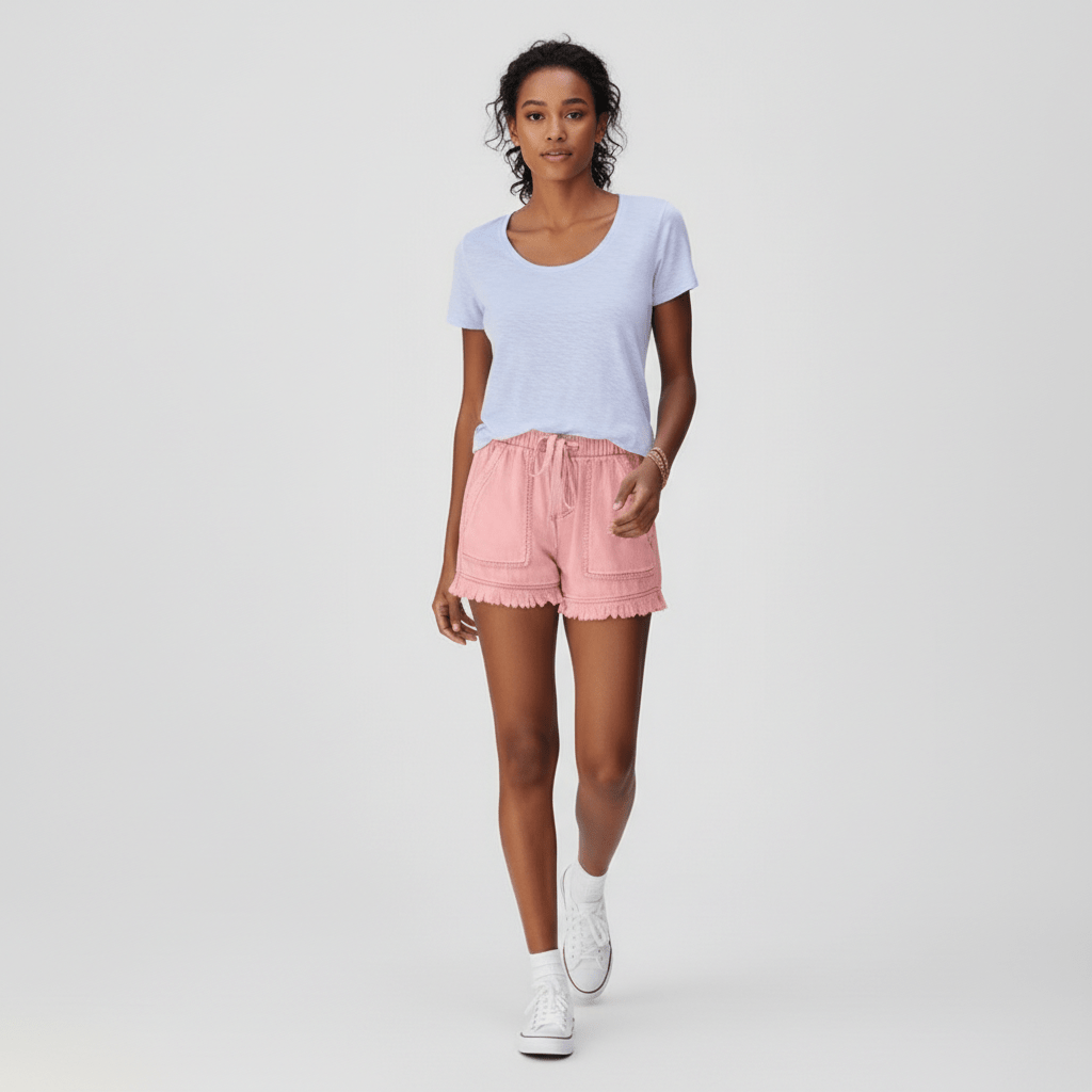 Penelope High Waist Denim Shorts Drawstring Waist Frill Hem