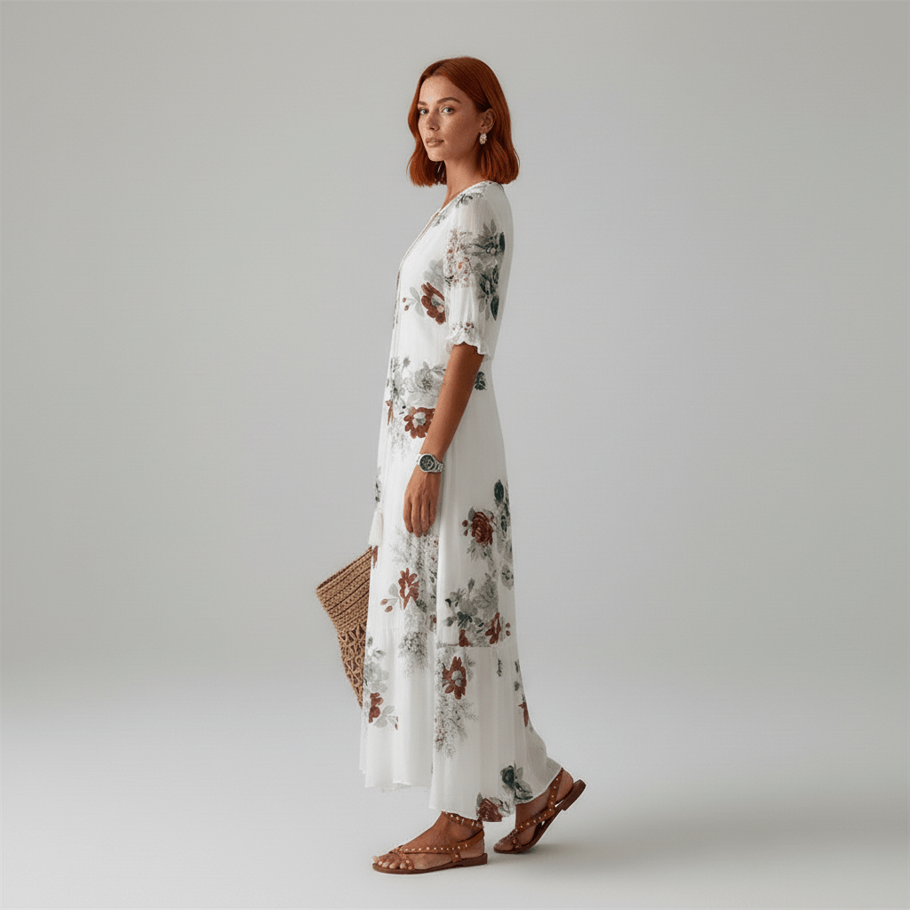 Prudence V-Neck Floral Maxi Dress for Women with Short Sleeves