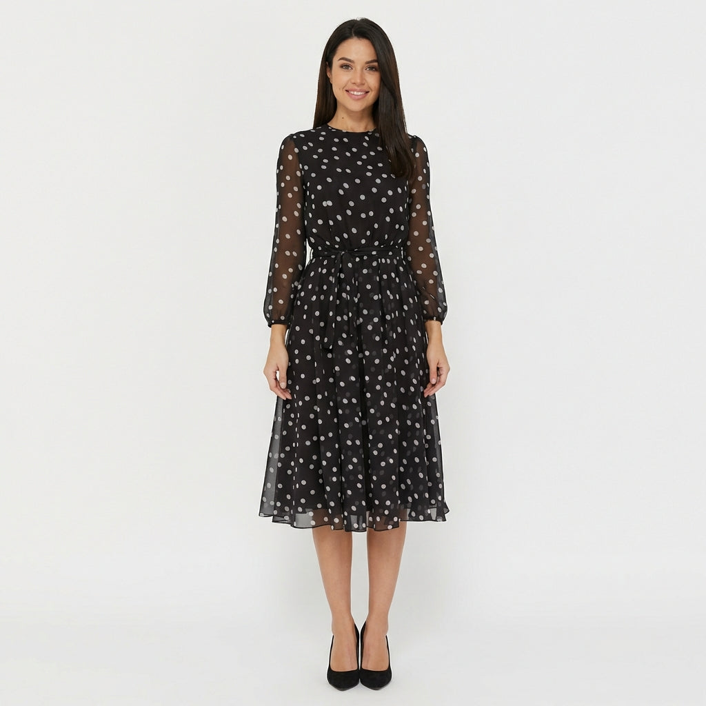 Robyn Polka Dot Mesh Midi Dress with Sheer Sleeves