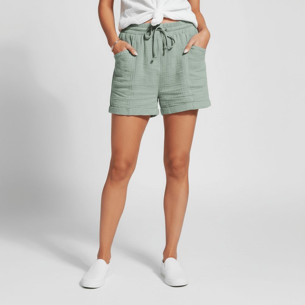 Rose Drawstring Waist Shorts Patch Pockets Relaxed Fit