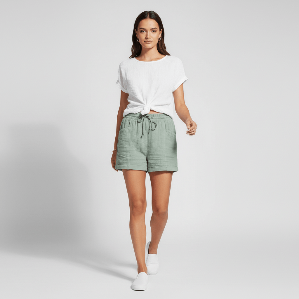 Rose Drawstring Waist Shorts Patch Pockets Relaxed Fit