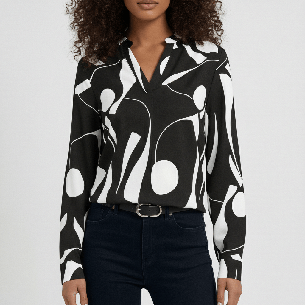 Rosetta Abstract Print Long Sleeve Blouse with V-Neckline