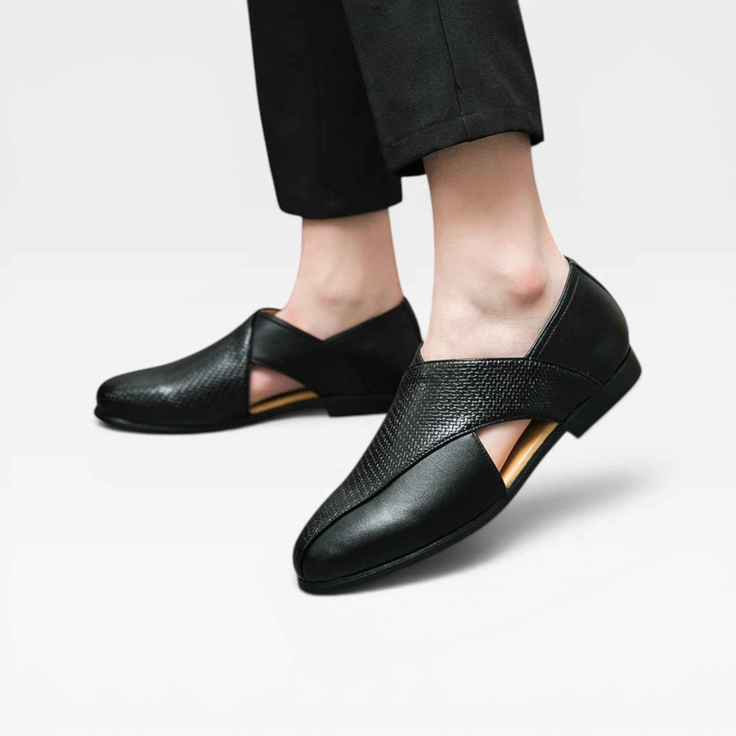 Men's Real Leather Slip On Loafers With Woven Cross Strap Detail