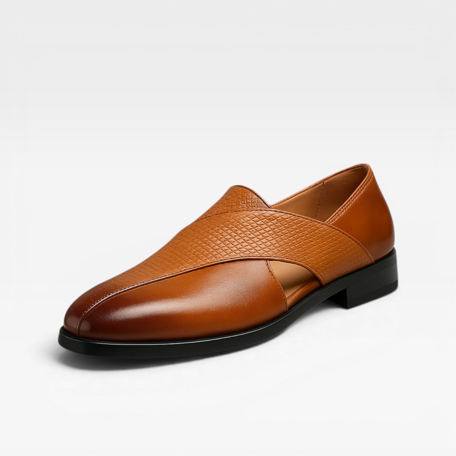 Men's Real Leather Slip On Loafers With Woven Cross Strap Detail