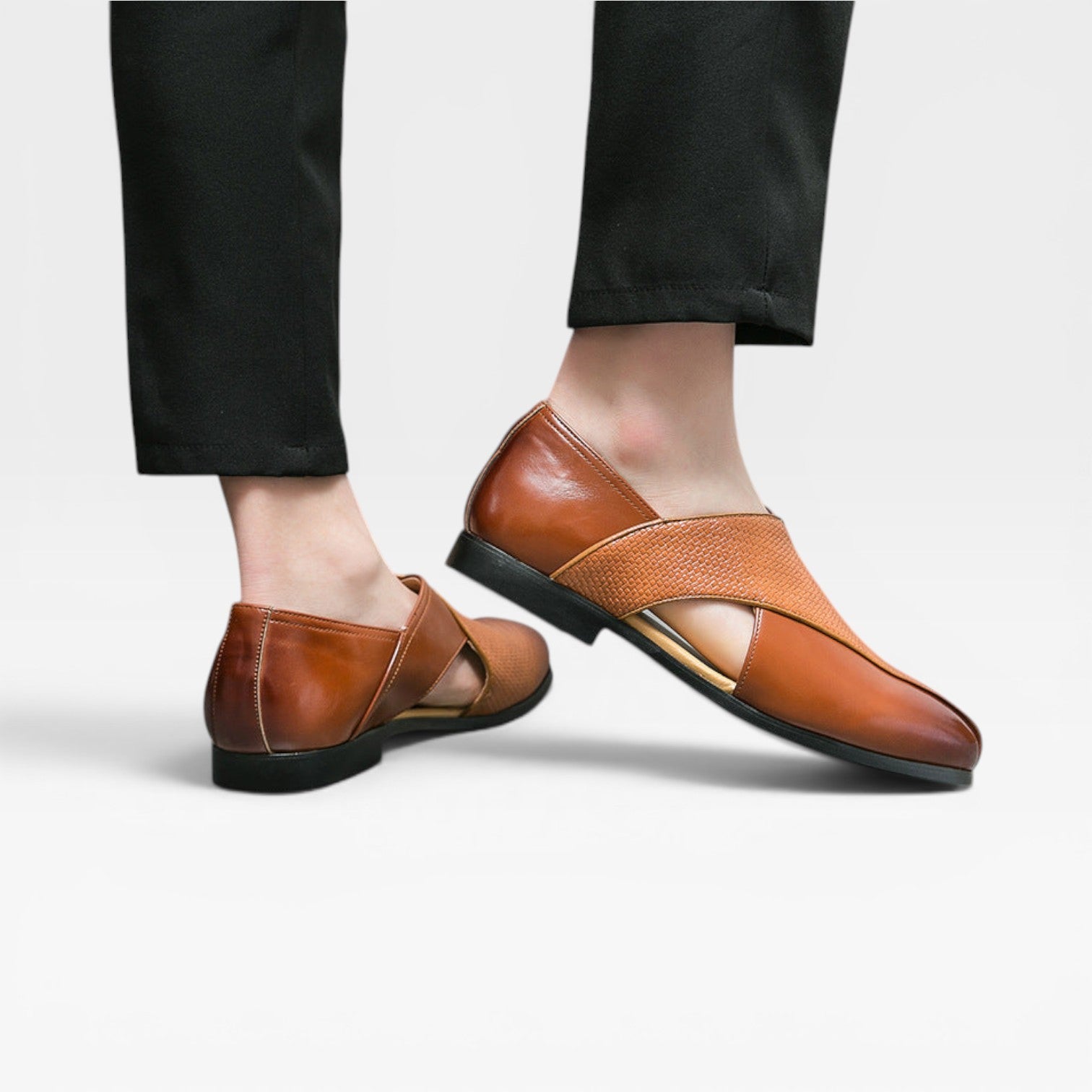 Men's Real Leather Slip On Loafers With Woven Cross Strap Detail
