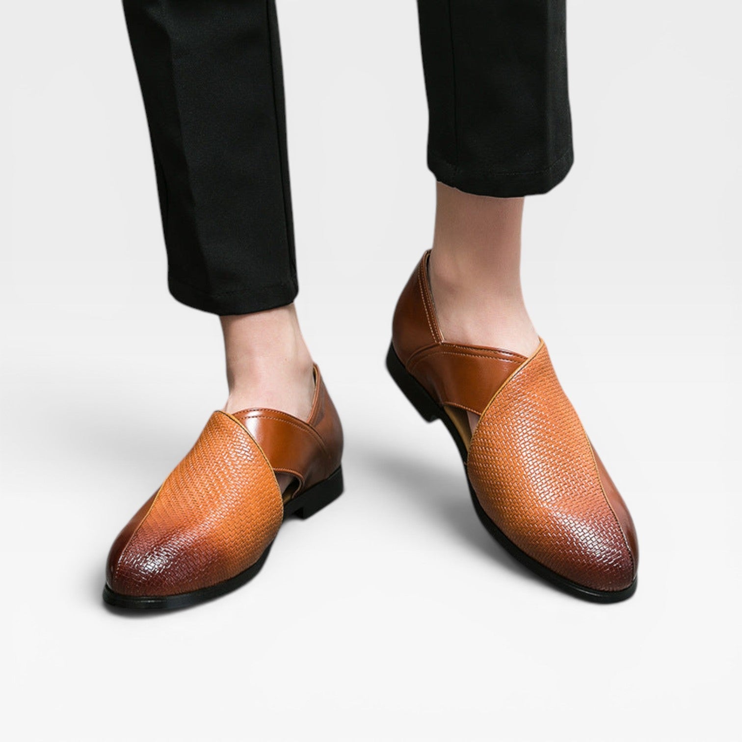 Men's Real Leather Slip On Loafers With Woven Cross Strap Detail