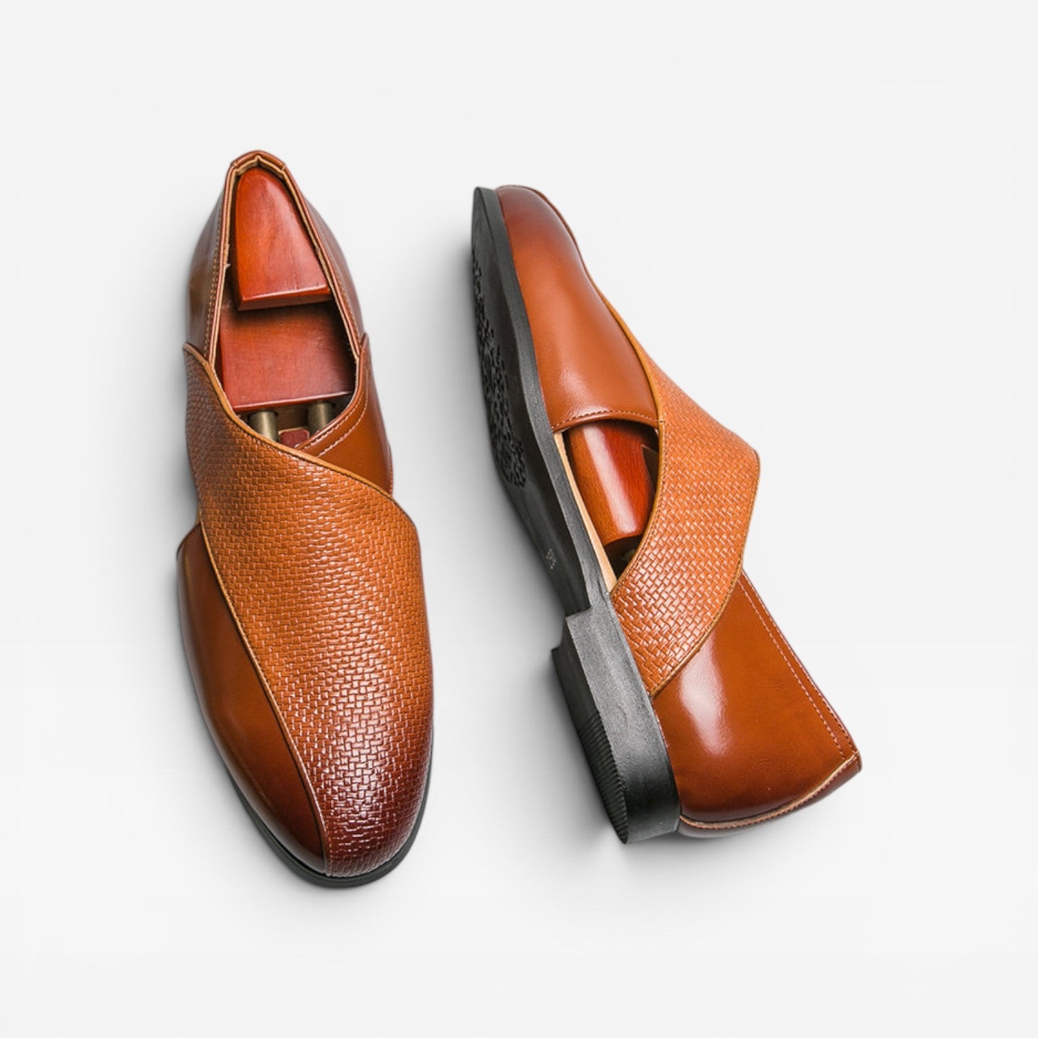 Men's Real Leather Slip On Loafers With Woven Cross Strap Detail