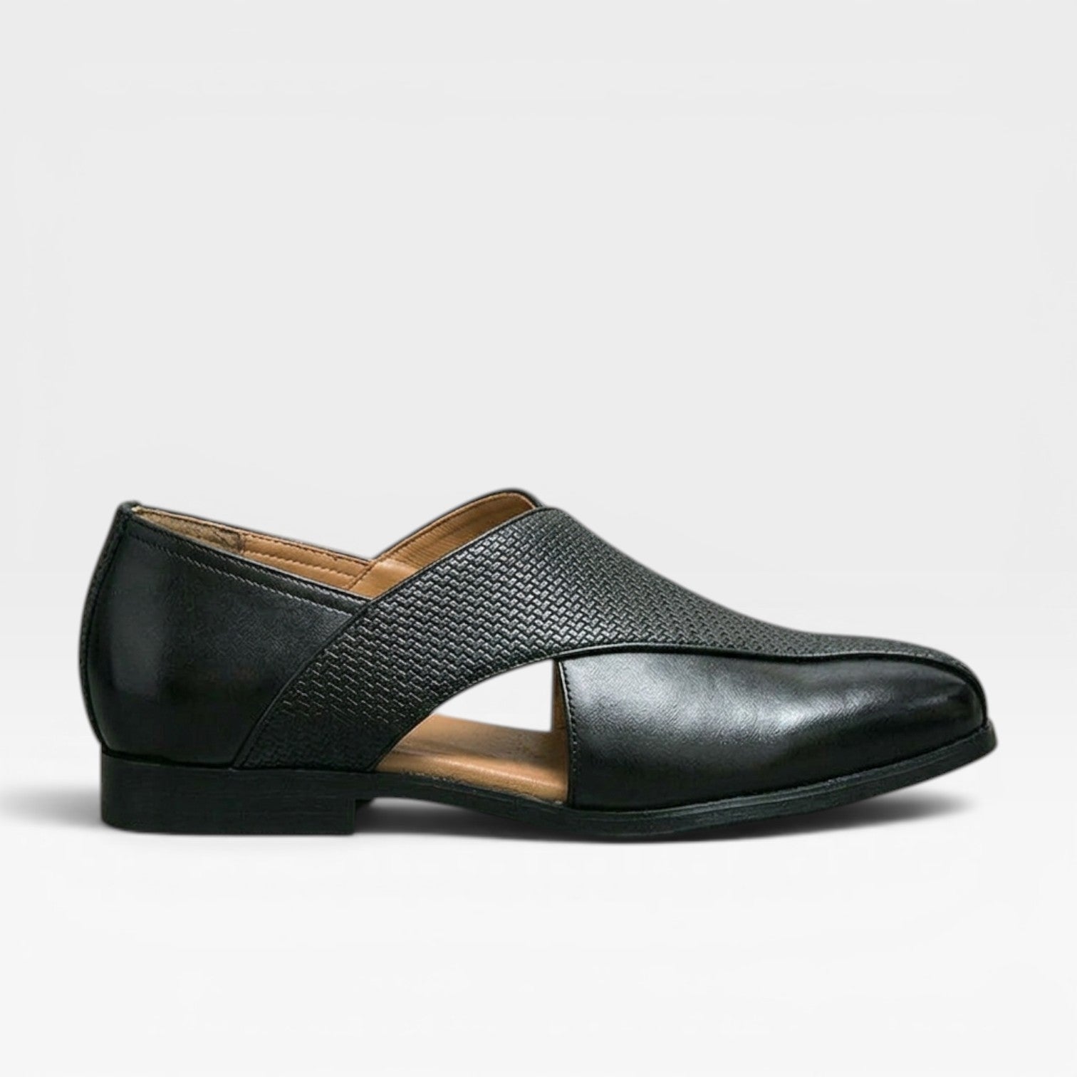 Men's Real Leather Slip On Loafers With Woven Cross Strap Detail