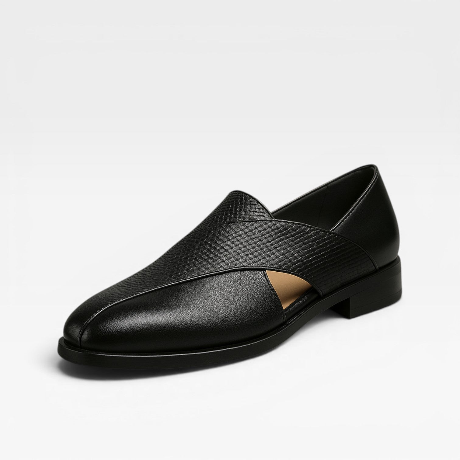 Men's Real Leather Slip On Loafers With Woven Cross Strap Detail