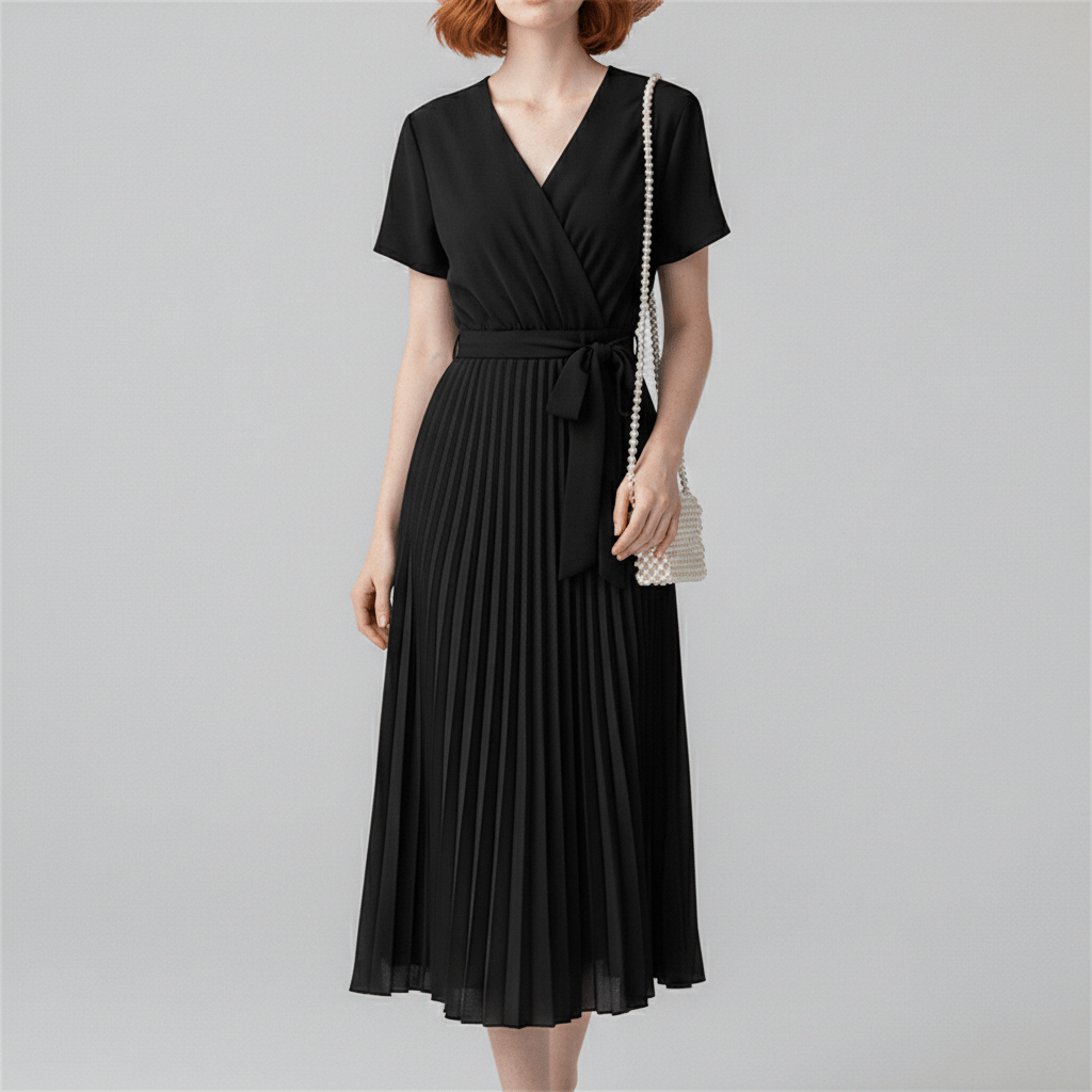 Simone Pleated Midi Dress with V-Neck and Tie Waist