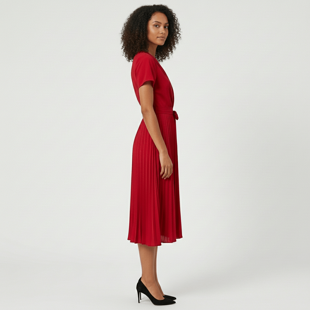 Simone Pleated Midi Dress with V-Neck and Tie Waist