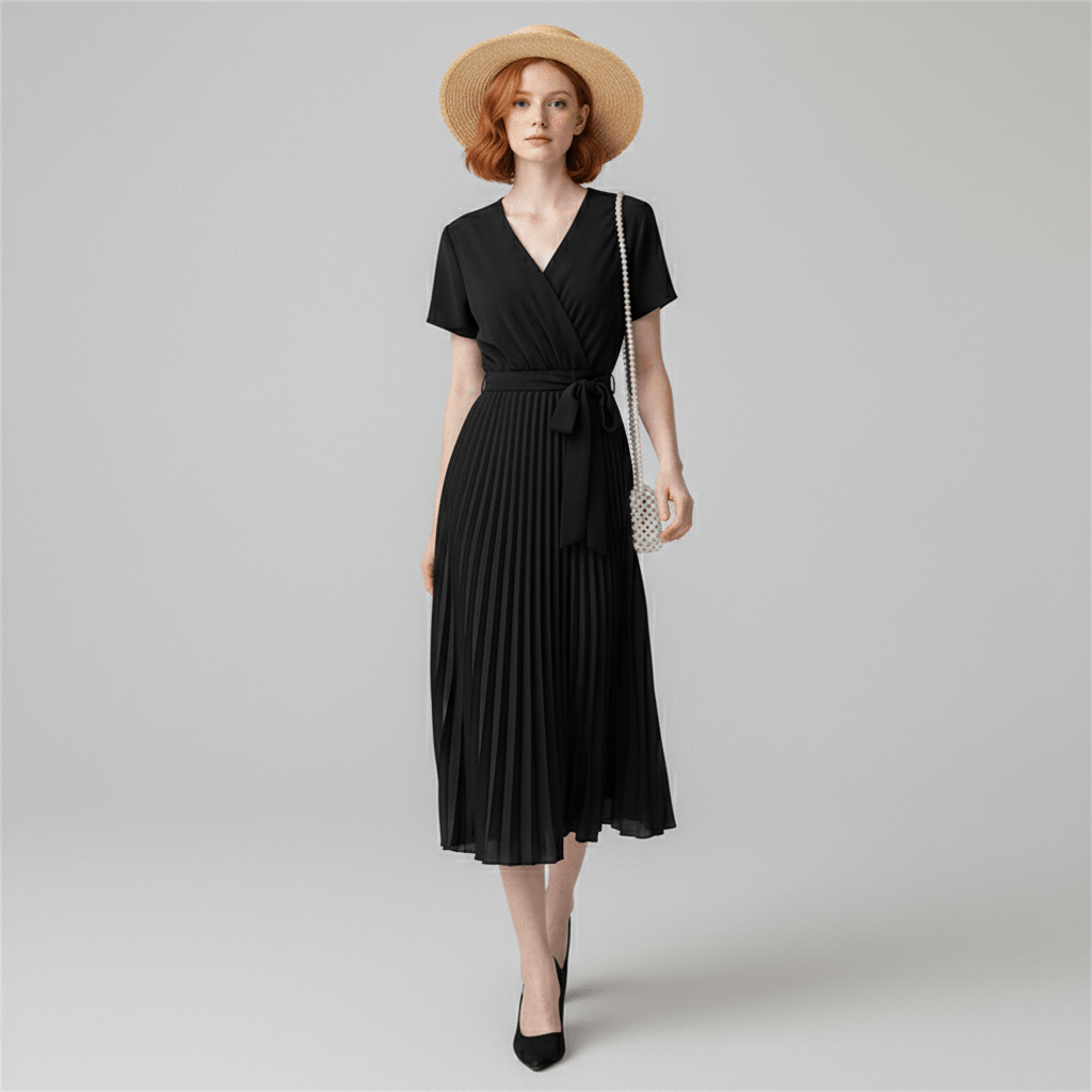Simone Pleated Midi Dress with V-Neck and Tie Waist