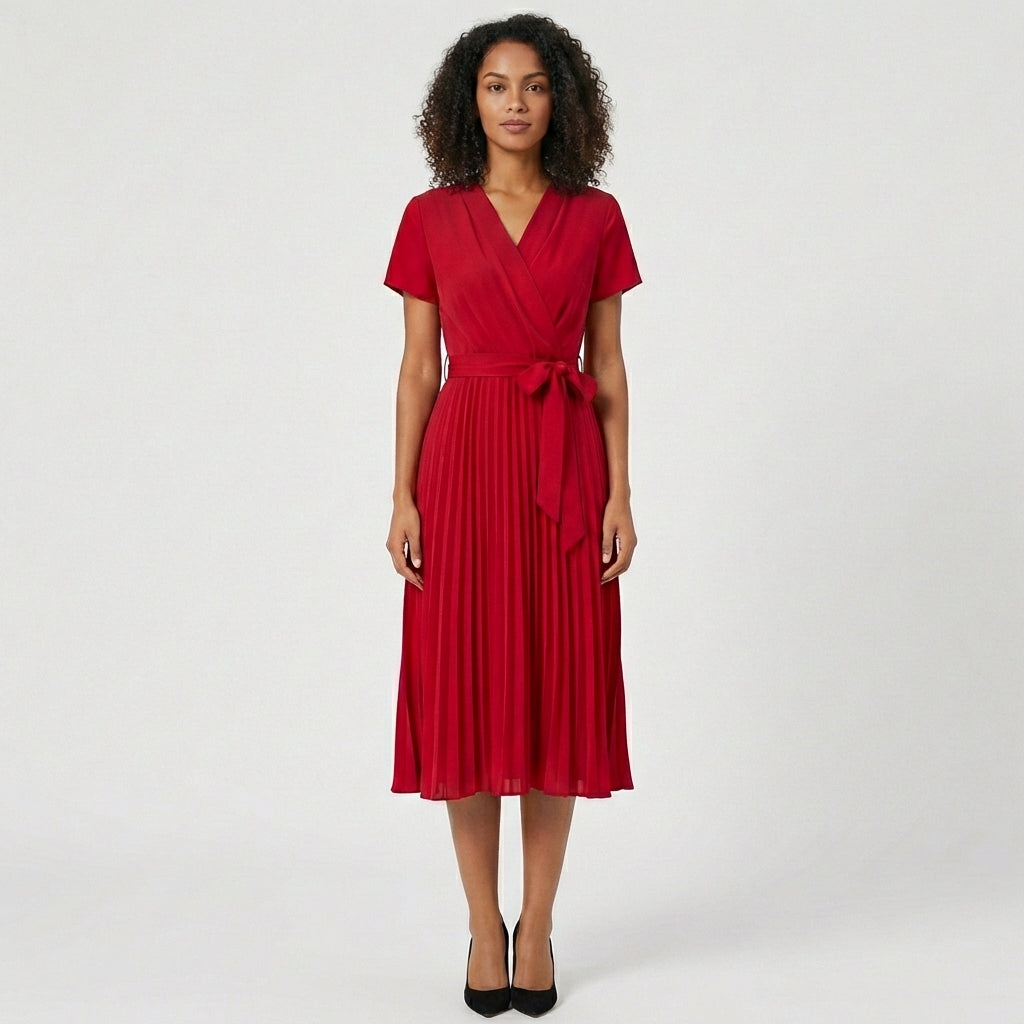 Simone Pleated Midi Dress with V-Neck and Tie Waist