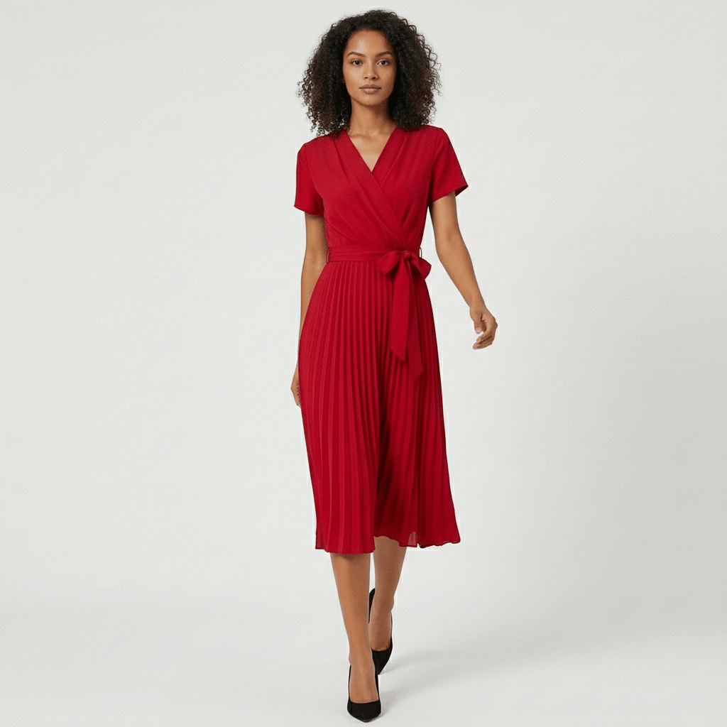 Simone Pleated Midi Dress with V-Neck and Tie Waist