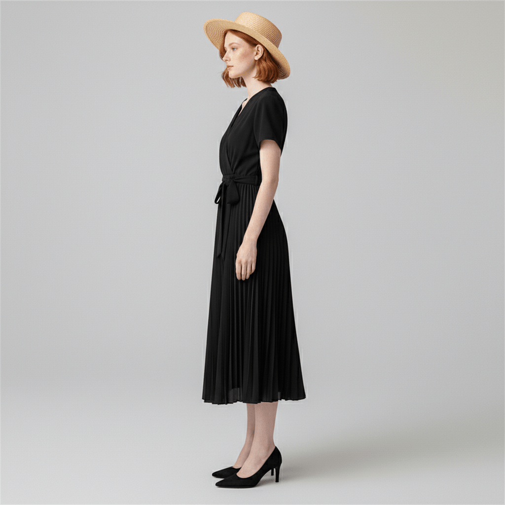 Simone Pleated Midi Dress with V-Neck and Tie Waist