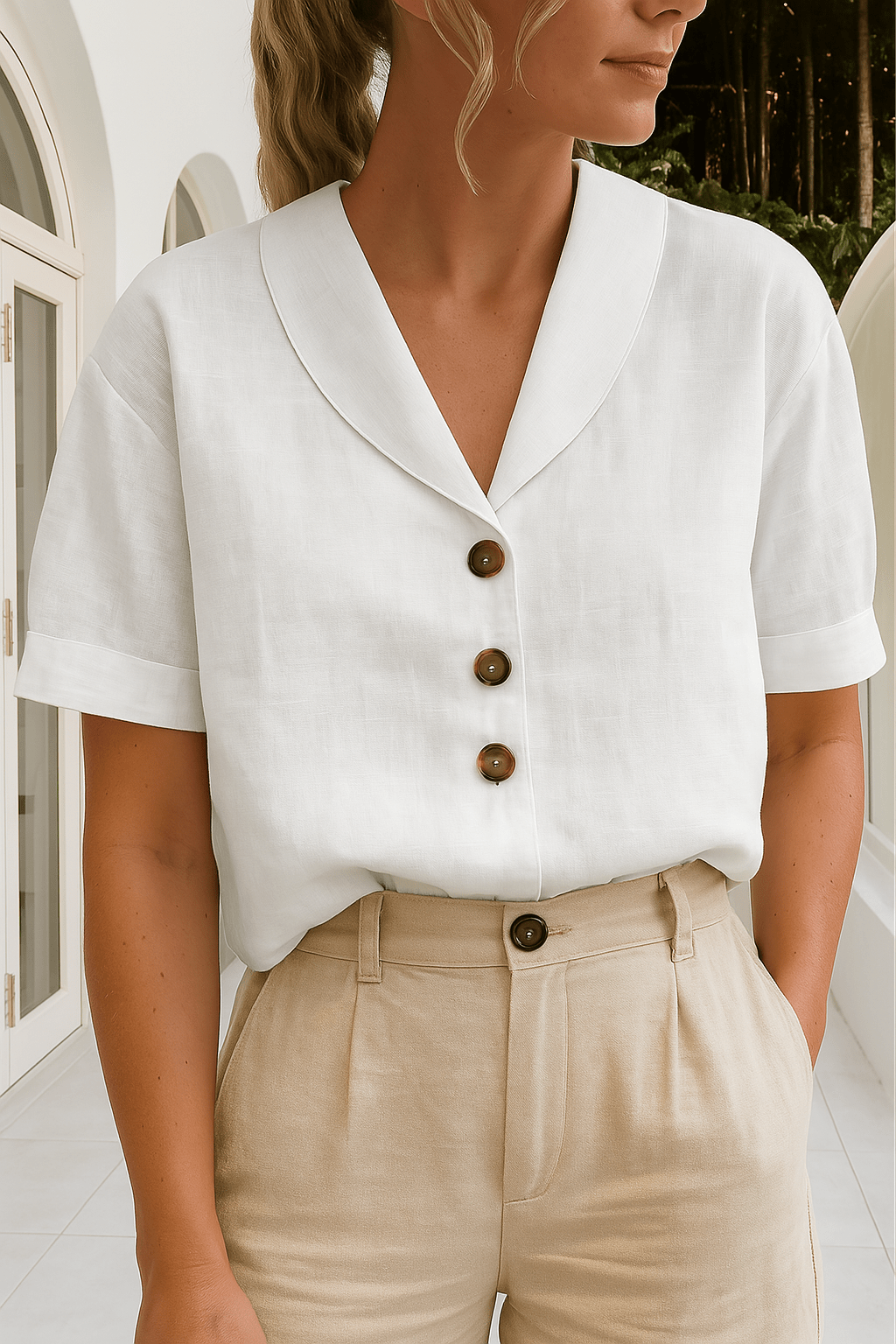Women's Short Sleeve Revere Collar Button Down Blouse