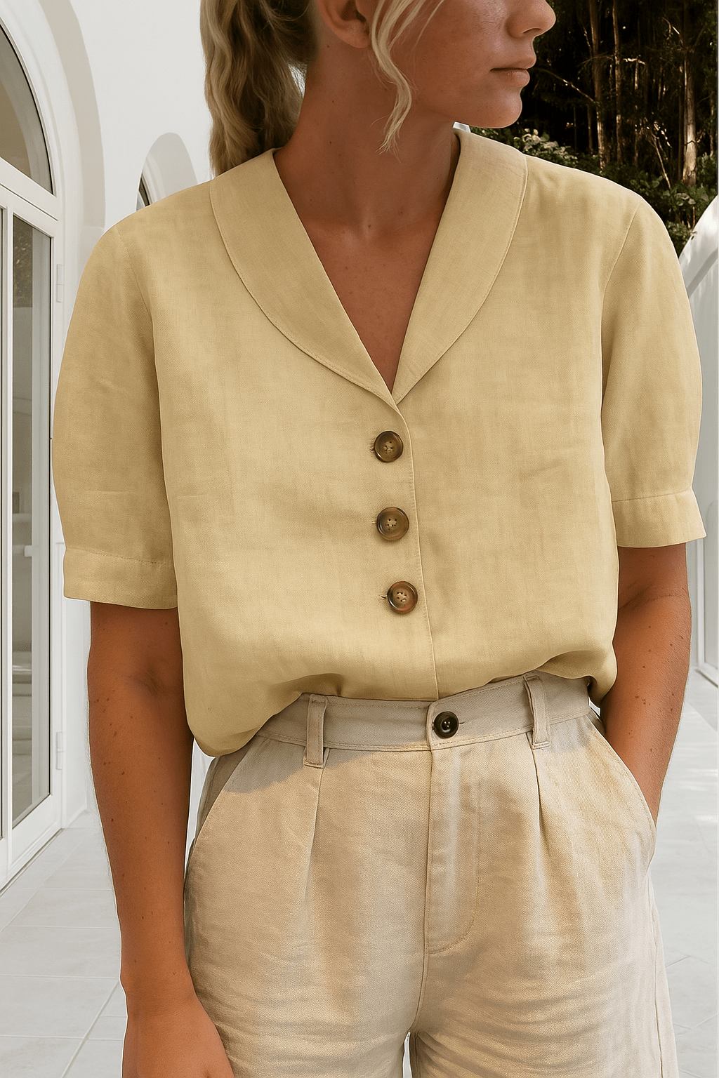 Women's Short Sleeve Revere Collar Button Down Blouse