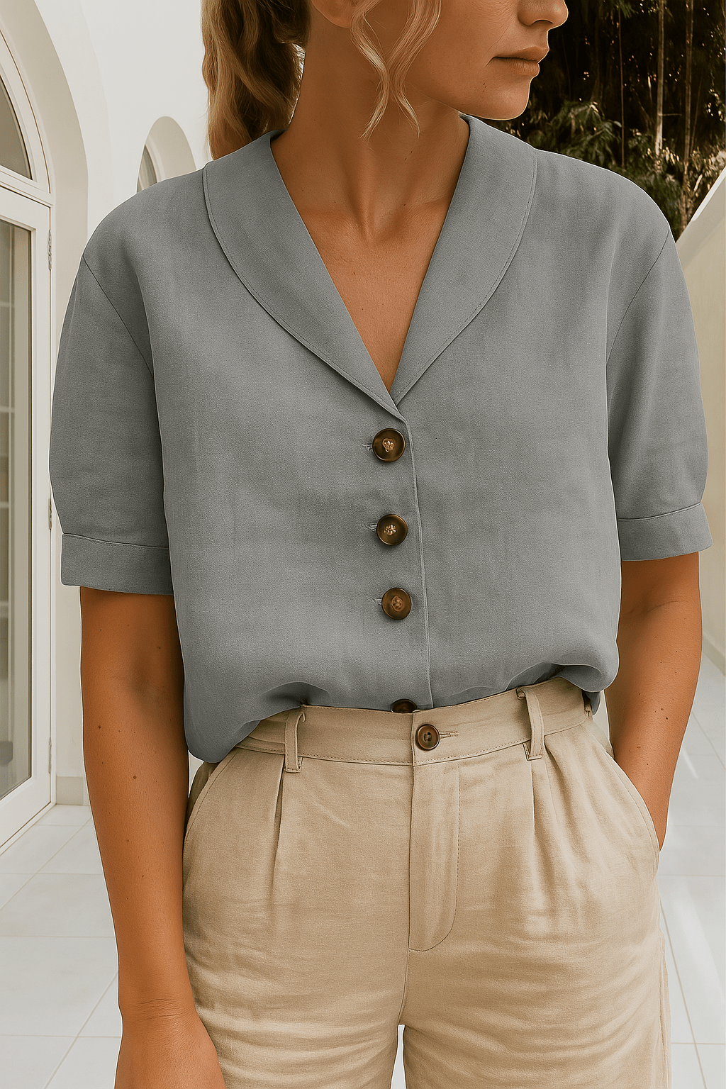 Women's Short Sleeve Revere Collar Button Down Blouse