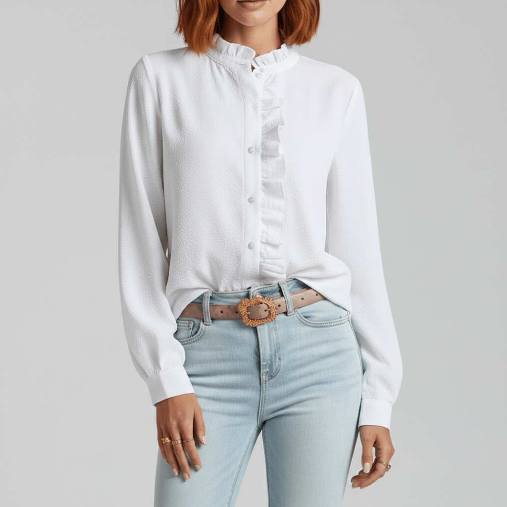 Tanya Ruffle Front Button Blouse with Long Sleeves