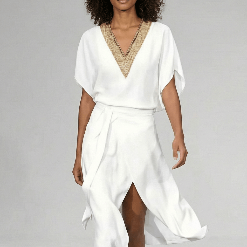 Tori Elegant V-Neck White Midi Dress