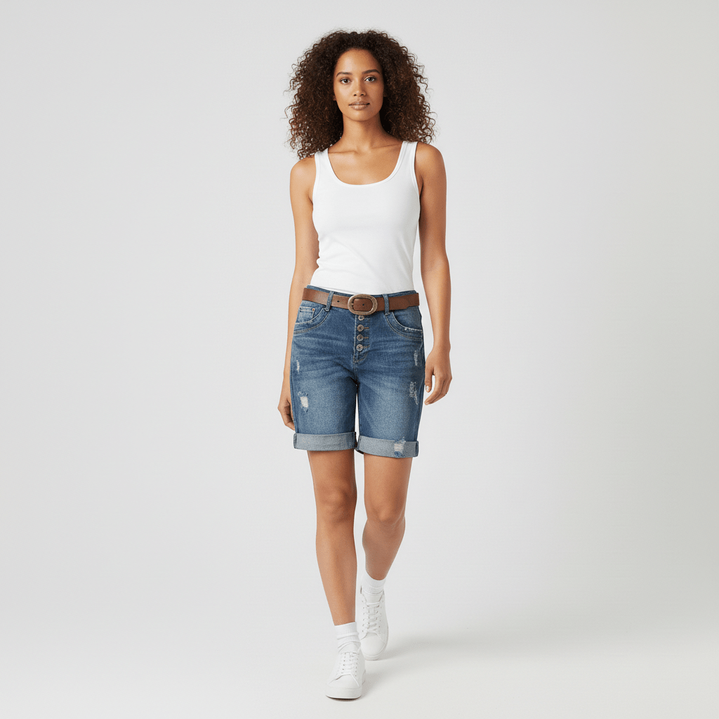 Valerie High Waist Ripped Denim Shorts for Women Button Fly Rolled Hem