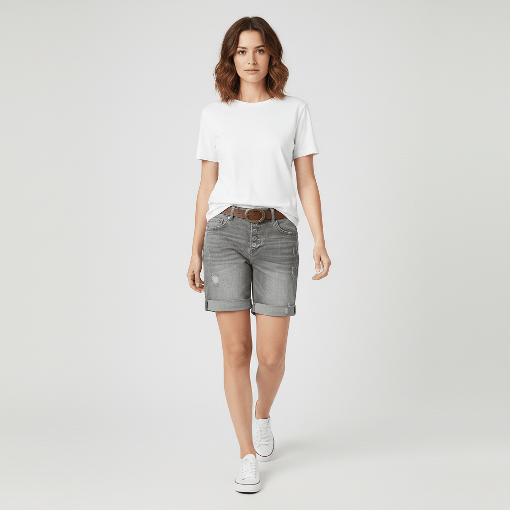 Valerie High Waist Ripped Denim Shorts for Women Button Fly Rolled Hem