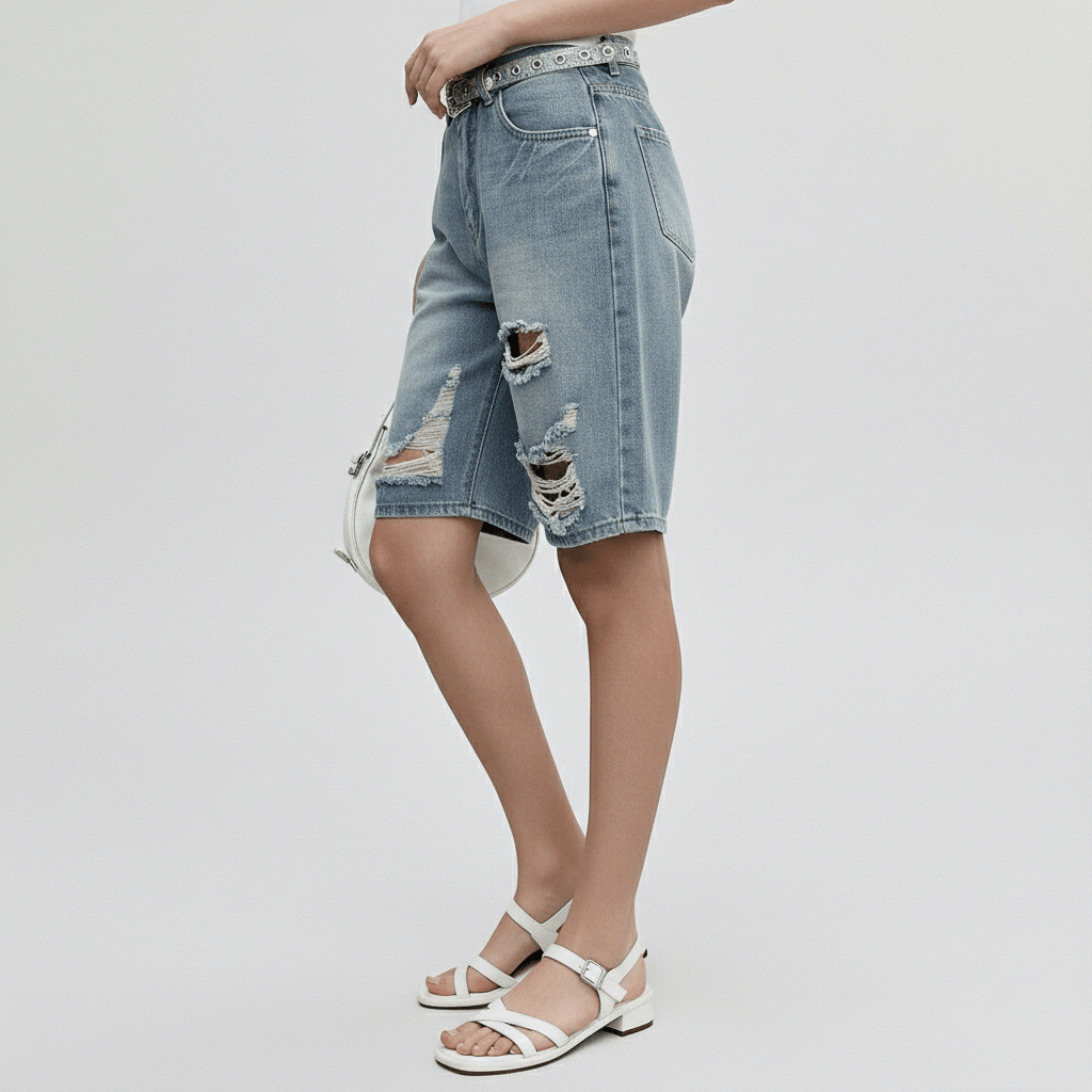 Valerie Knee Length Denim Shorts Relaxed Fit Mid Rise