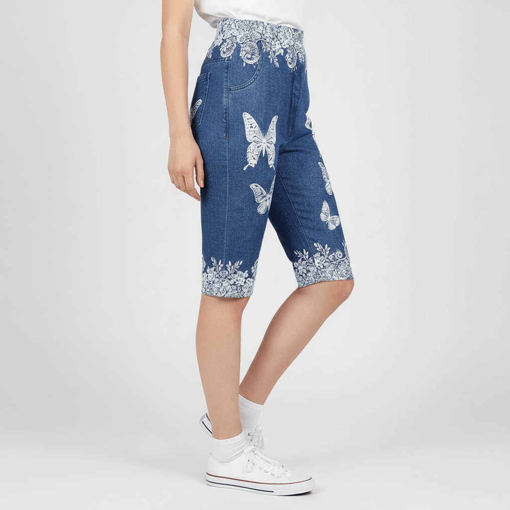 Viva High Waist Denim Biker Shorts Butterfly Print Lace Trim
