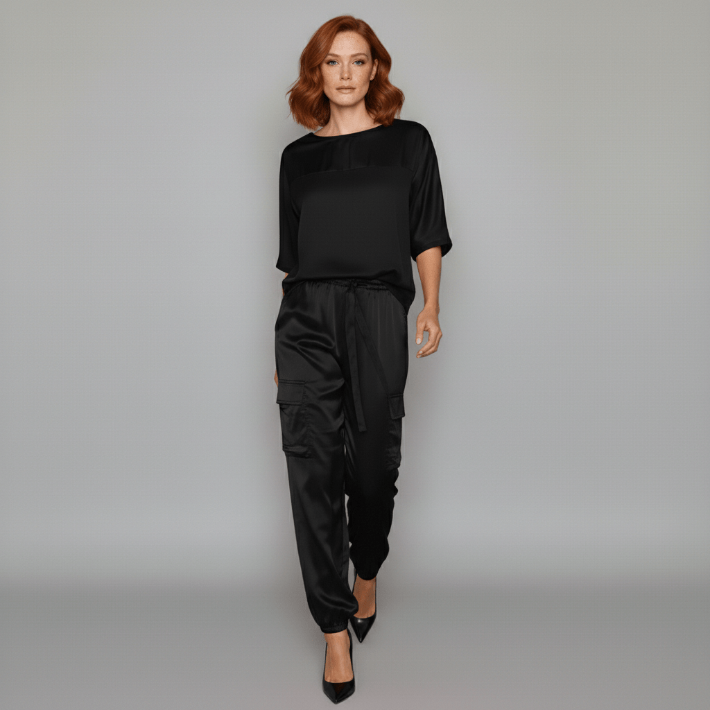 Wendy Two Piece Set Satin Top and Relaxed Cargo Pants