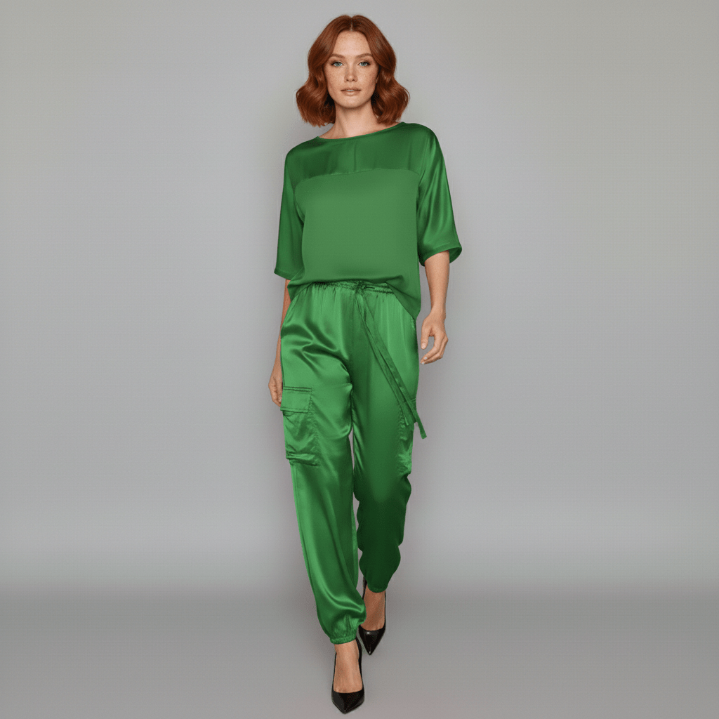 Wendy Two Piece Set Satin Top and Relaxed Cargo Pants