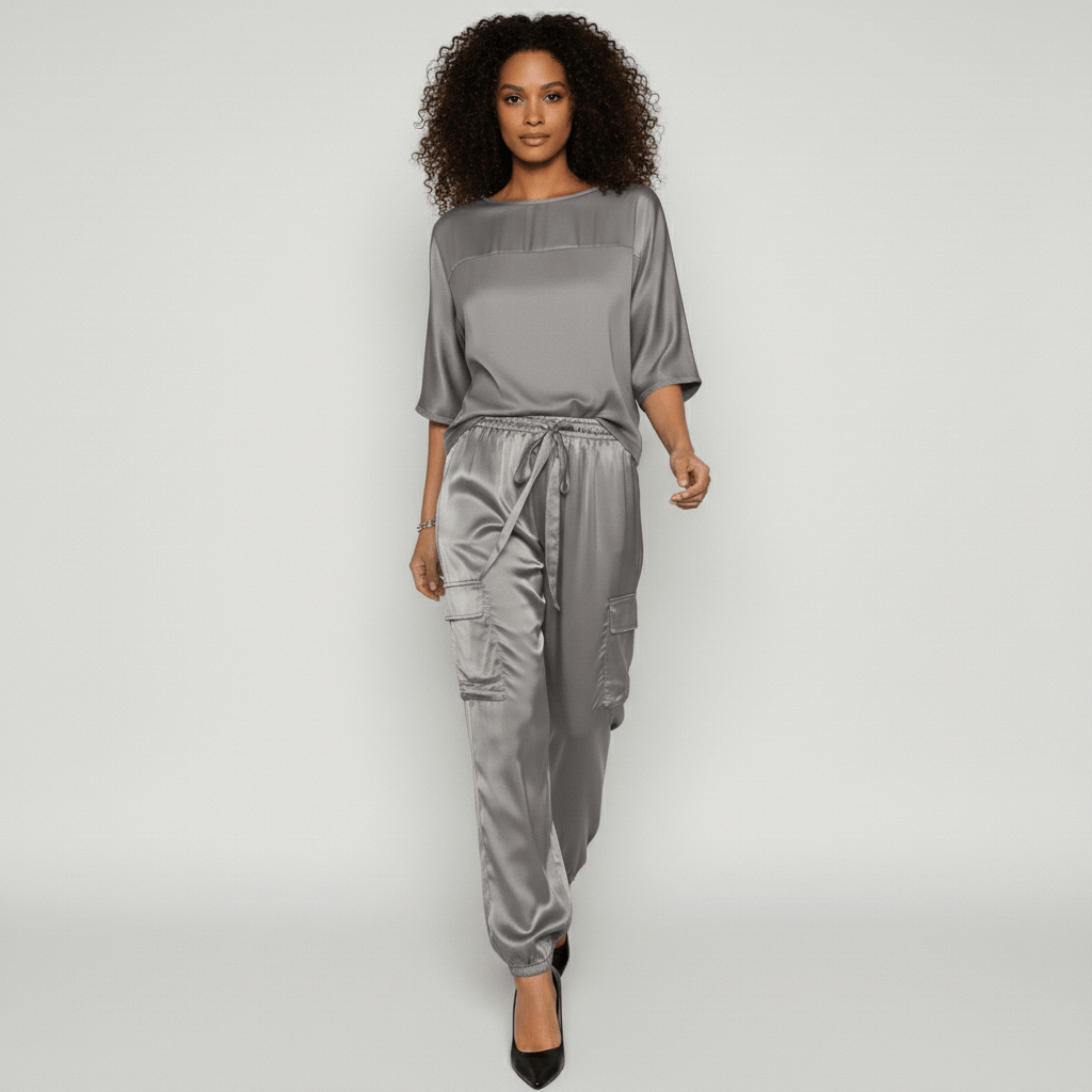 Wendy Two Piece Set Satin Top and Relaxed Cargo Pants