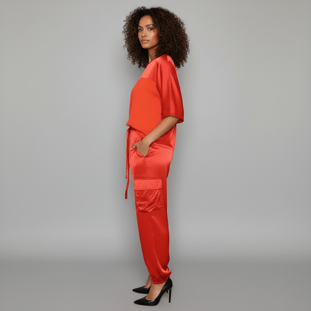 Wendy Two Piece Set Satin Top and Relaxed Cargo Pants